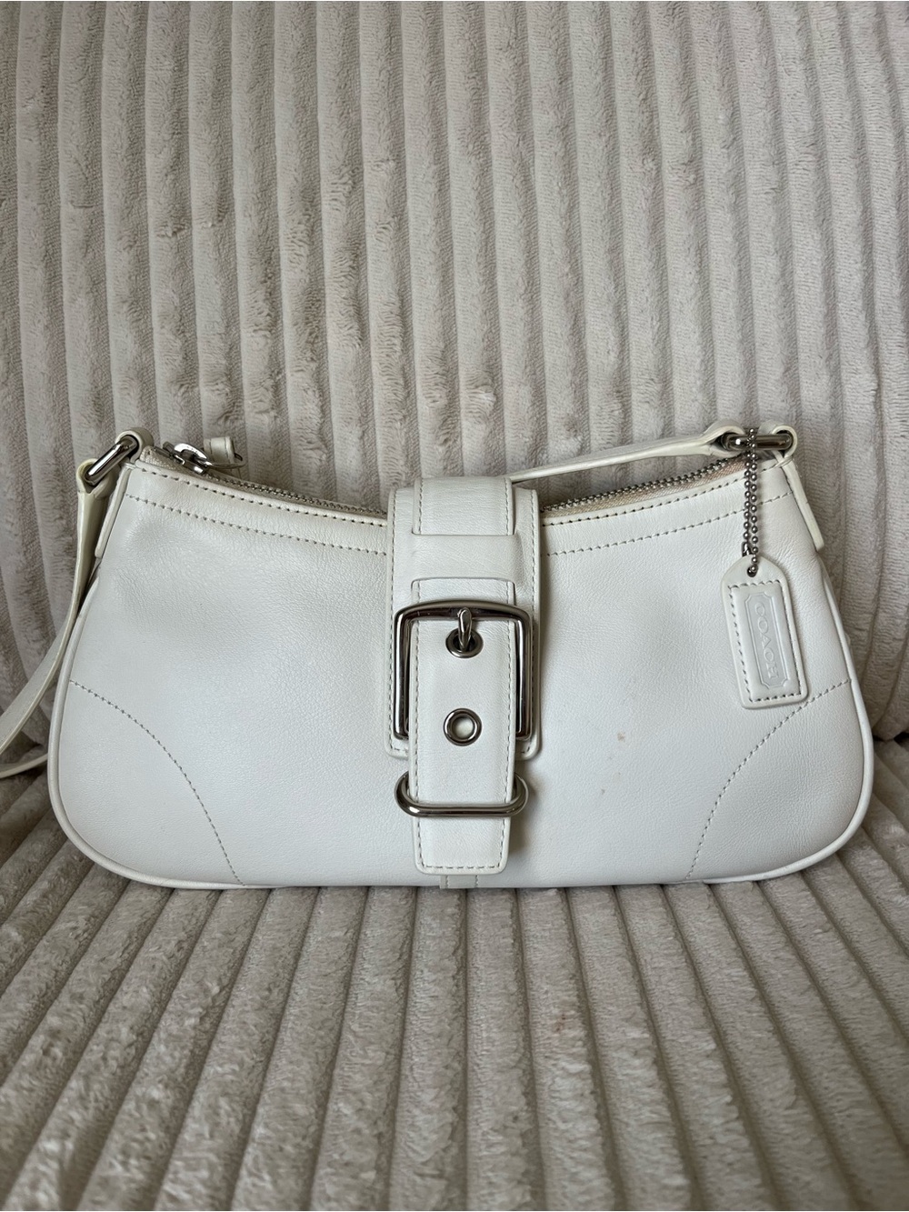 White Leather Shoulder Bag with Buckle Accent